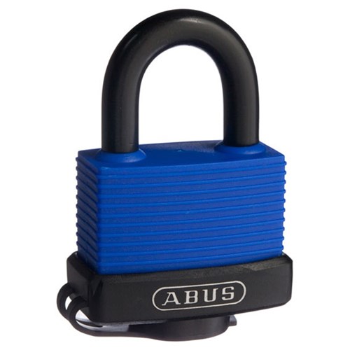 ABUS 70 Series Weather Sealed Padlock with 49mm Blue Brass Body and 24mm Plastic Coated Stainless Steel Shackle KD Display Pack - 70IB45C