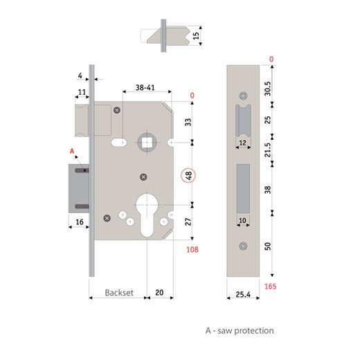 PROTECTOR 748 Series Euro Cylinder Mortice Sash Lock Pitch 48mm Backset 45mm Satin Stainless Steel - 735-2.5-SSF