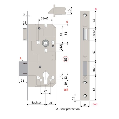 PROTECTOR 785 Series Mortice Sash Lock Pitch 85mm Backset 60mm Satin Brass - 785-60-SBF